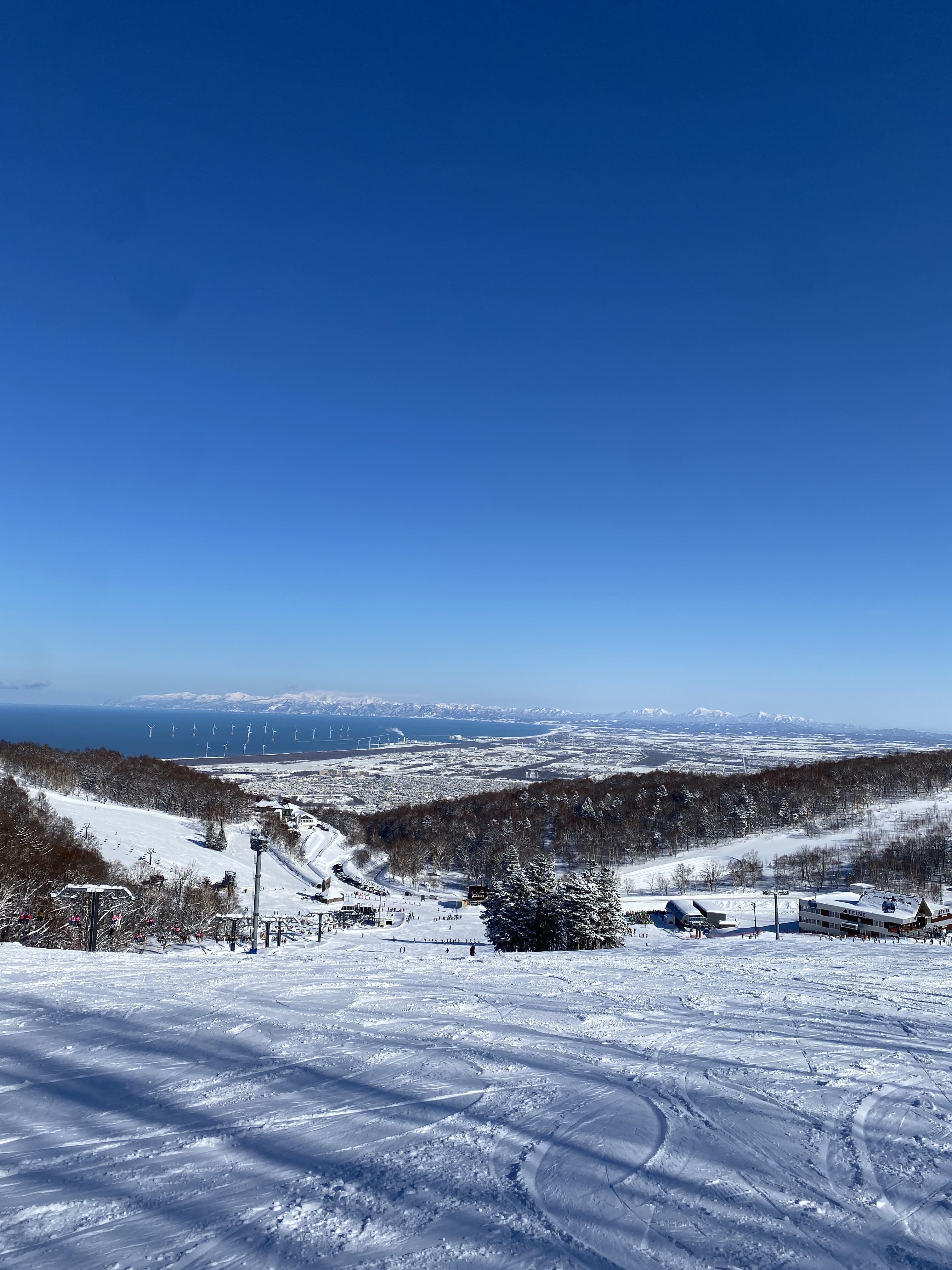 從手稻雪道頂端俯瞰札幌市區與海岸線的風力發電機