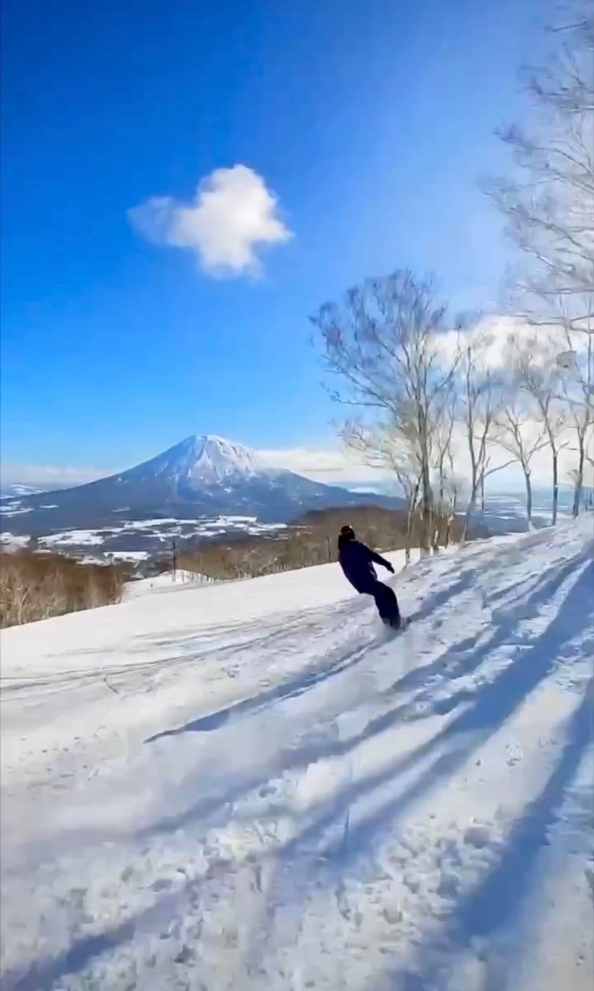 晴天的比羅夫雪道上一位單板客正在轉彎,正對面是羊蹄山與一朵孤雲
