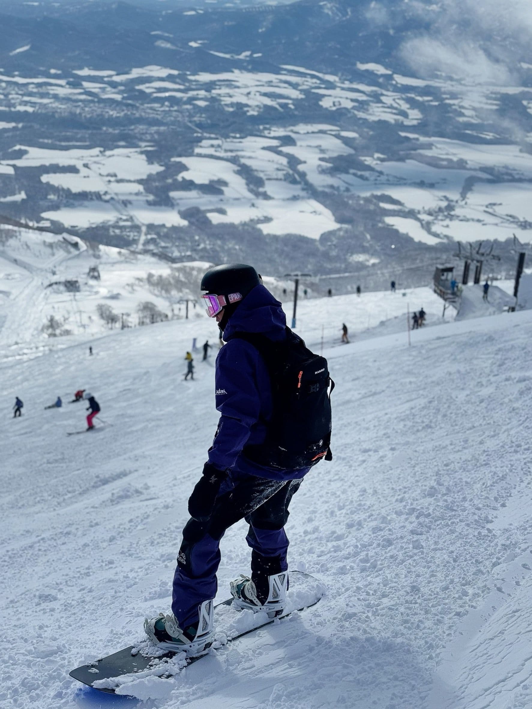 單板滑雪學員在北海道雪坡上,背景是二世古全景