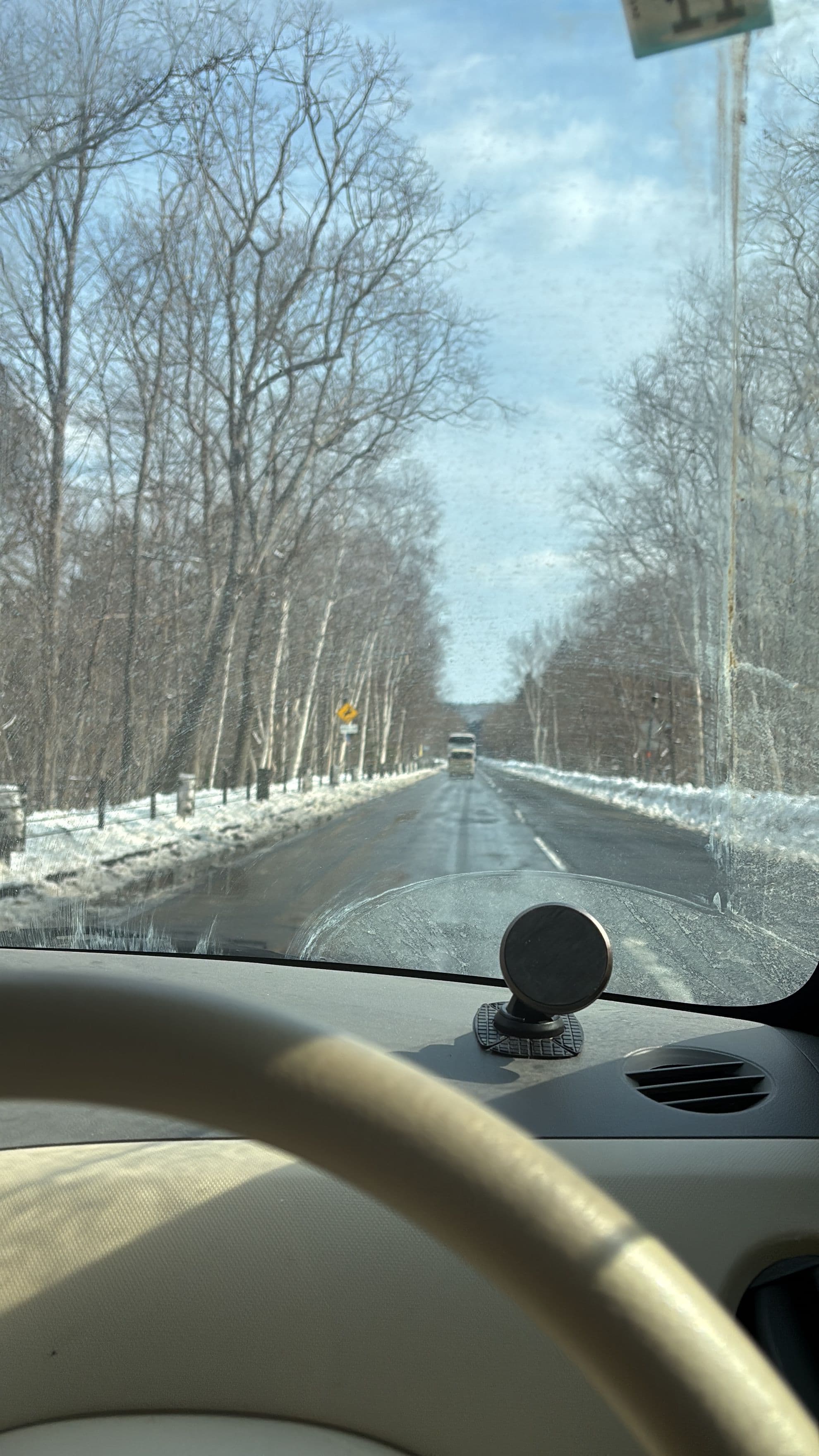 從車內擋風玻璃看出去的冬季道路,兩側是結霜的林木與積雪路肩
