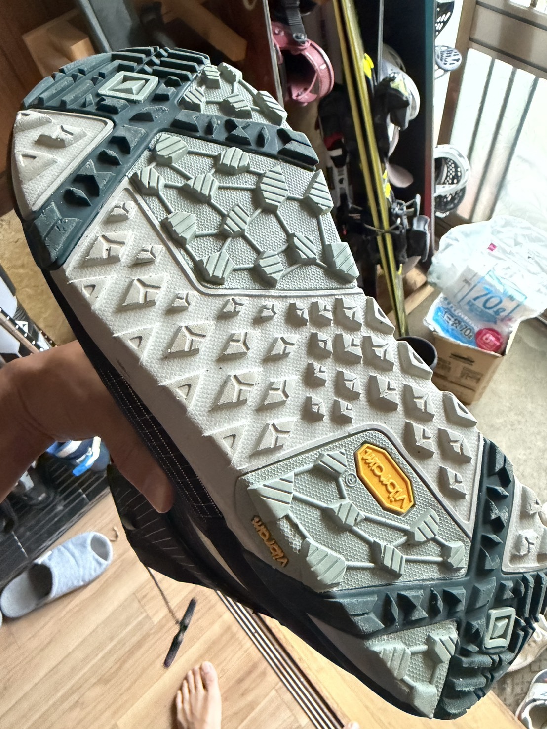 A Vibram sole with a deep, clearly defined tread pattern