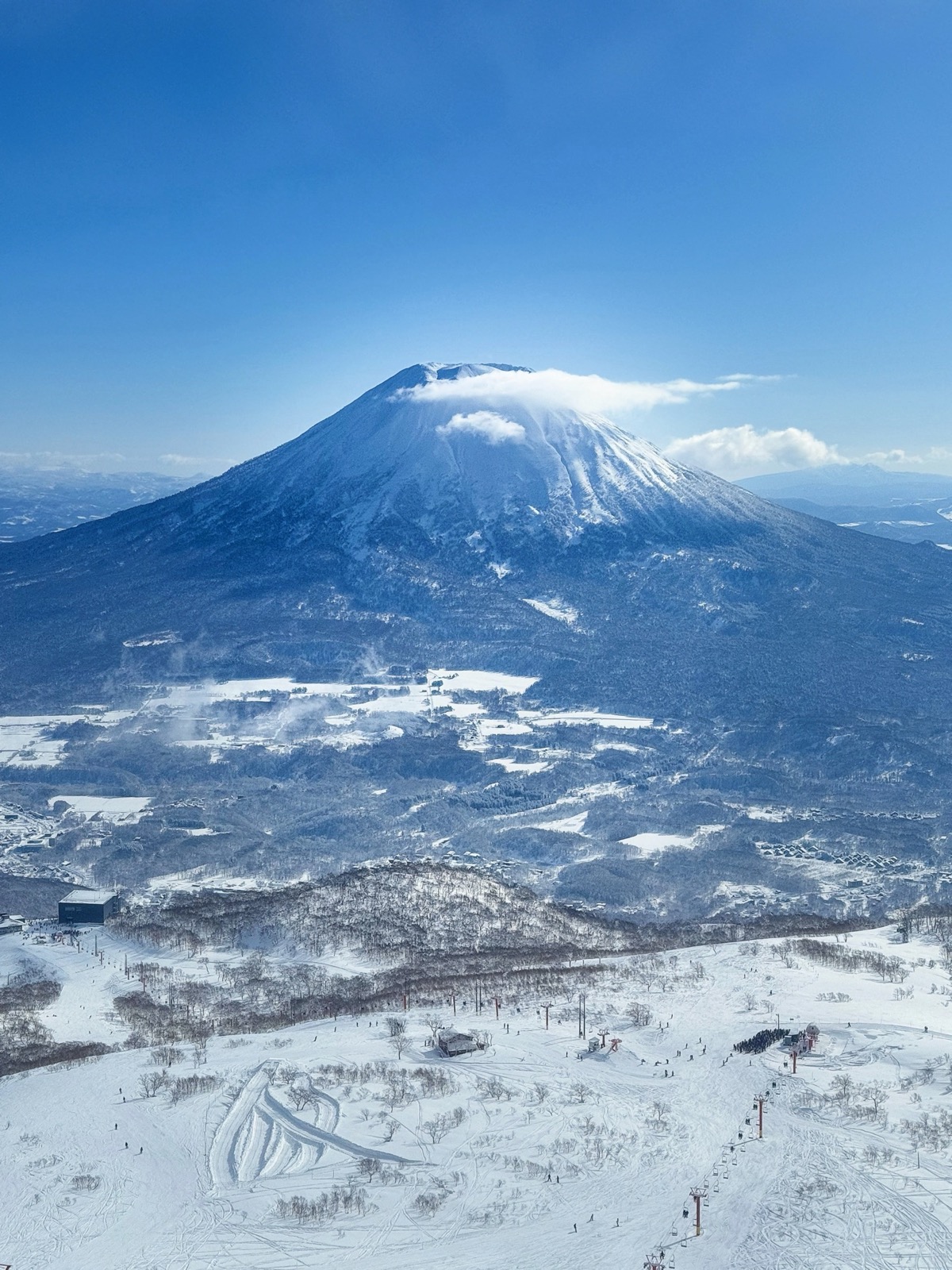 二世古山頂纜車站與雪道俯瞰,背景是羊蹄山